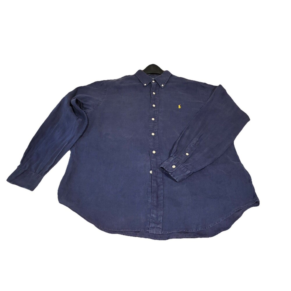 Polo Ralph Lauren Mens XL Navy Blue 100% Linen Long Sleeve Classic Button Shirt